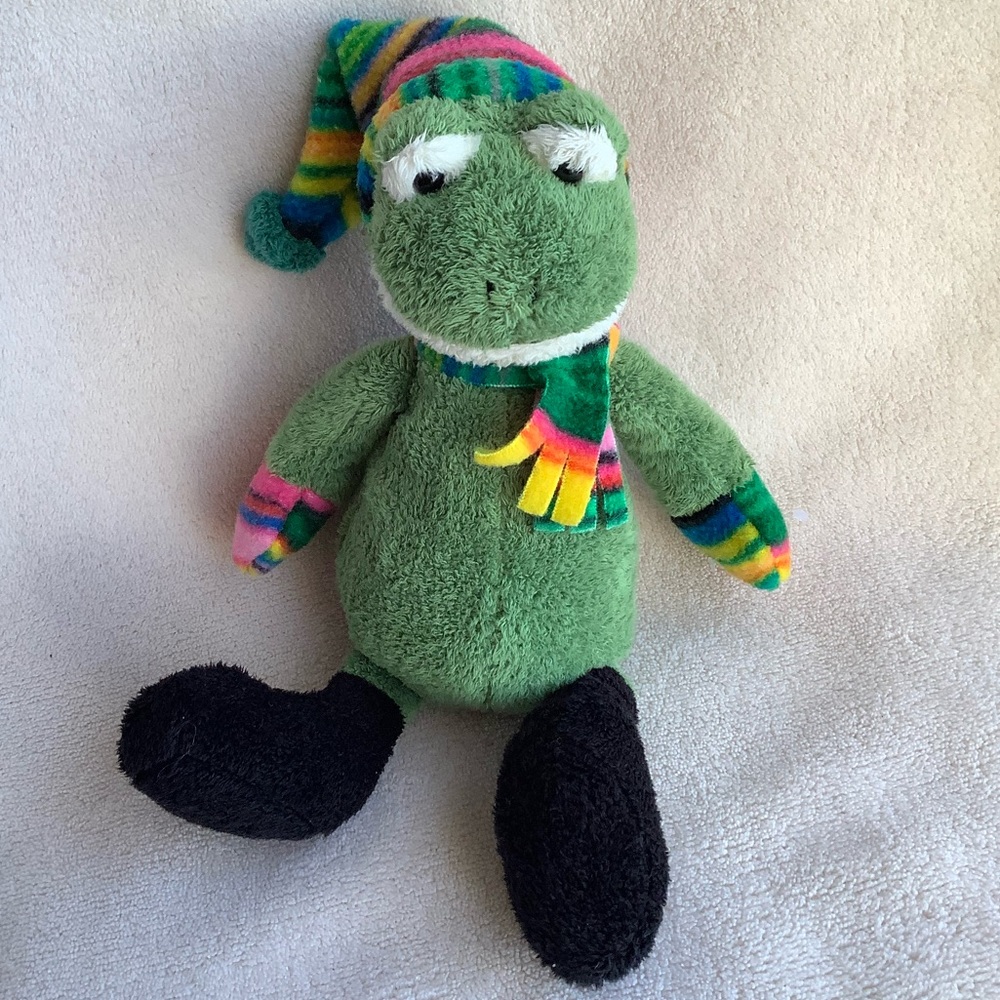 Vintage 1999 Lord & Taylor Green Plush Frog Stuffed Animal Toy w Hat Scarf Mitts